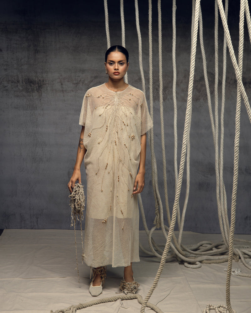Open Mesh Embroidered Kaftaan cotton open mesh kaftan by Kritika Murarka in ivory for women in Singapore