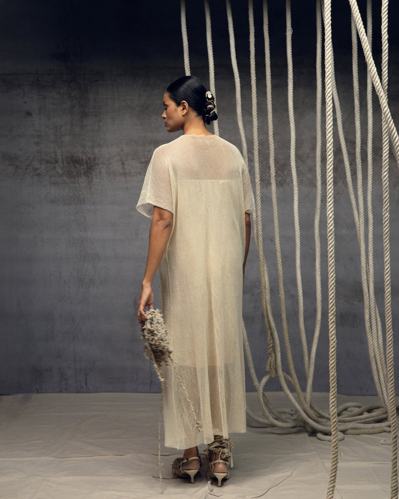 Open Mesh Embroidered Kaftaan cotton open mesh kaftan by Kritika Murarka in ivory for women in Singapore