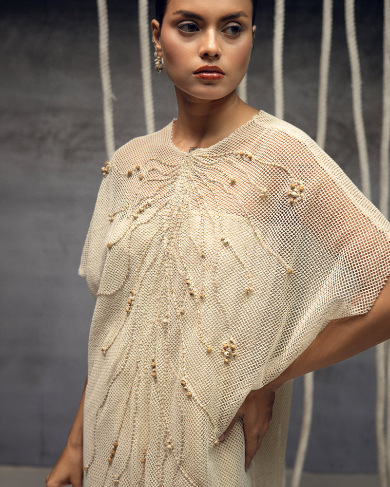 Open Mesh Embroidered Kaftaan cotton open mesh kaftan by Kritika Murarka in ivory for women in Singapore