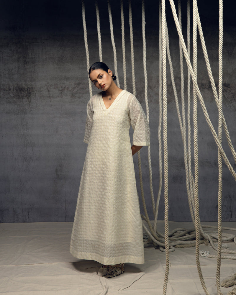 Ivory Khadi Silk Checkered Dress khadi silk dress by Kritika Murarka in ivory for women in Singapore