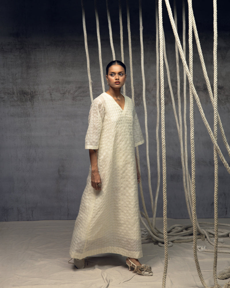 Ivory Khadi Silk Checkered Dress khadi silk dress by Kritika Murarka in ivory for women in Singapore