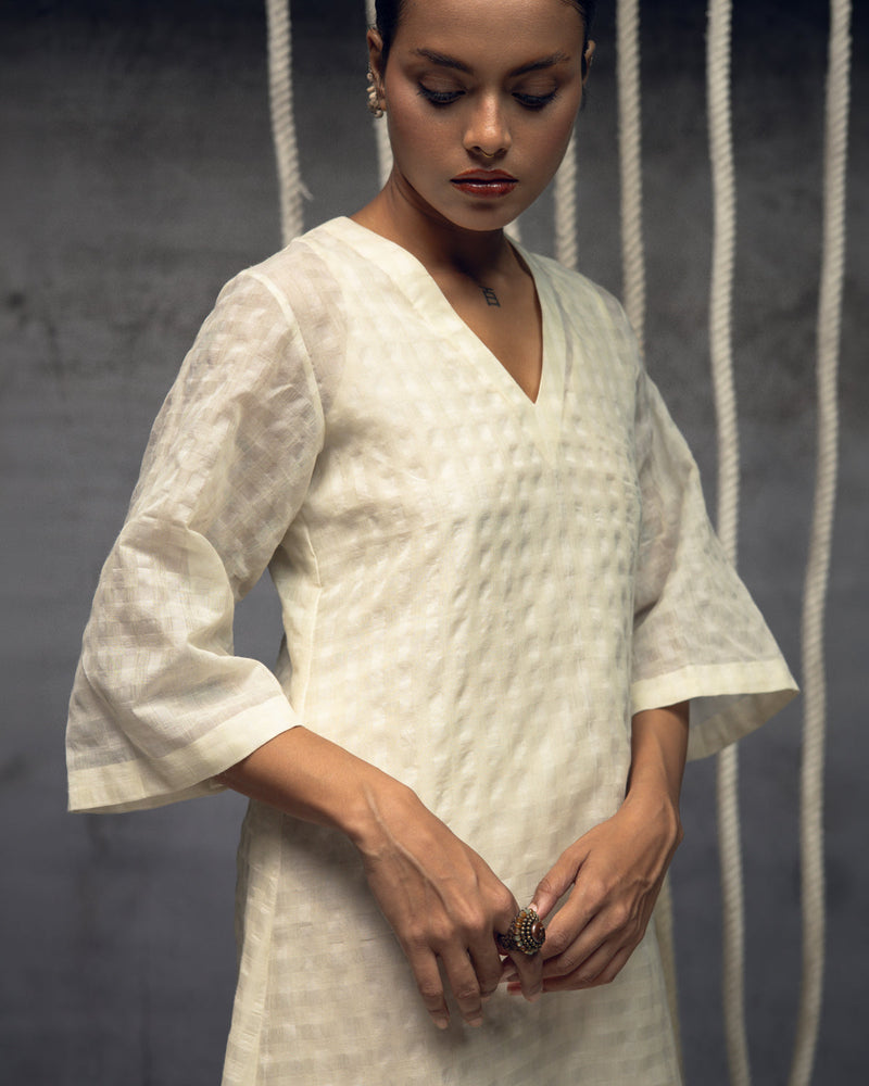 Ivory Khadi Silk Checkered Dress khadi silk dress by Kritika Murarka in ivory for women in Singapore