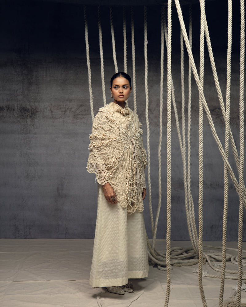 Ivory Crochet Lace Embroidered Cape hand crochet jacket/overlay by Kritika Murarka in ivory for women in Singapore