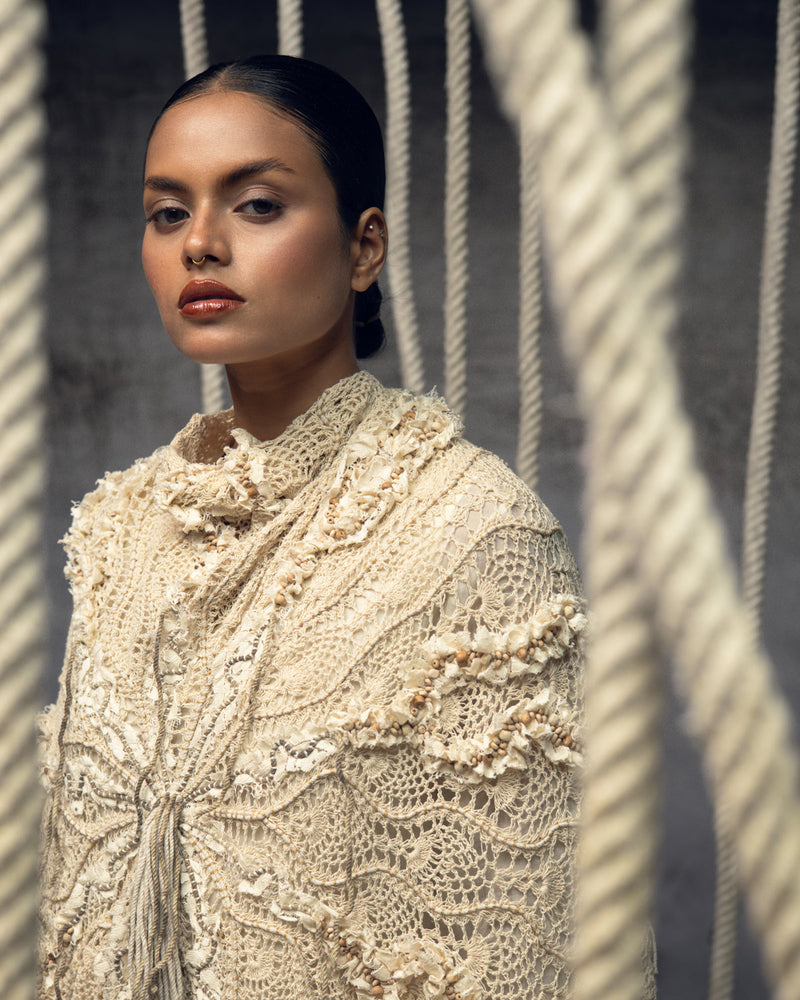 Ivory Crochet Lace Embroidered Cape hand crochet jacket/overlay by Kritika Murarka in ivory for women in Singapore