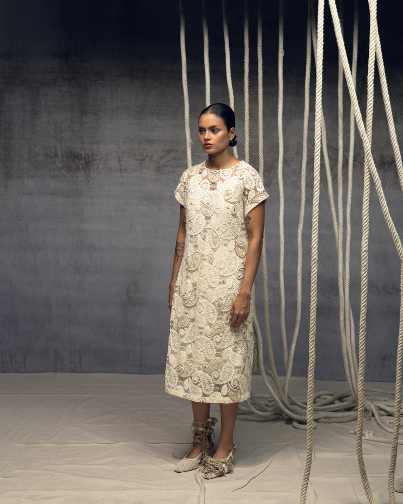 Ivory Paisley Lace Embroidered Midi indian cotton lace dress by Kritika Murarka in ivory for women in Singapore
