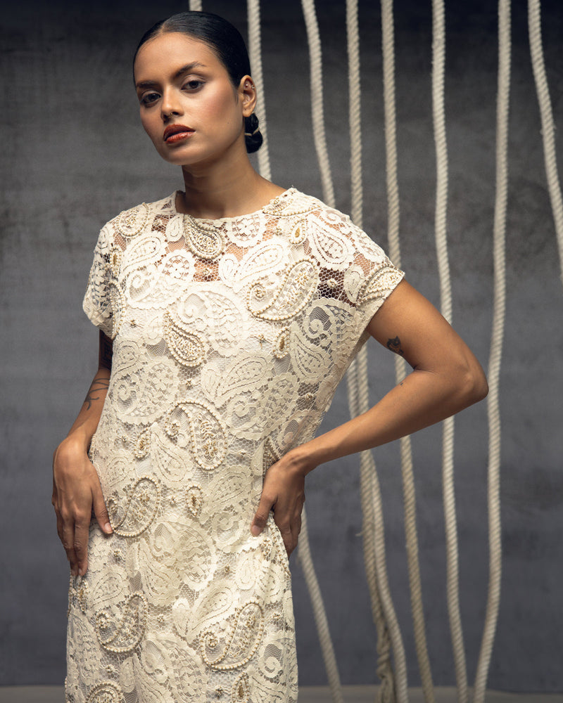 Ivory Paisley Lace Embroidered Midi indian cotton lace dress by Kritika Murarka in ivory for women in Singapore