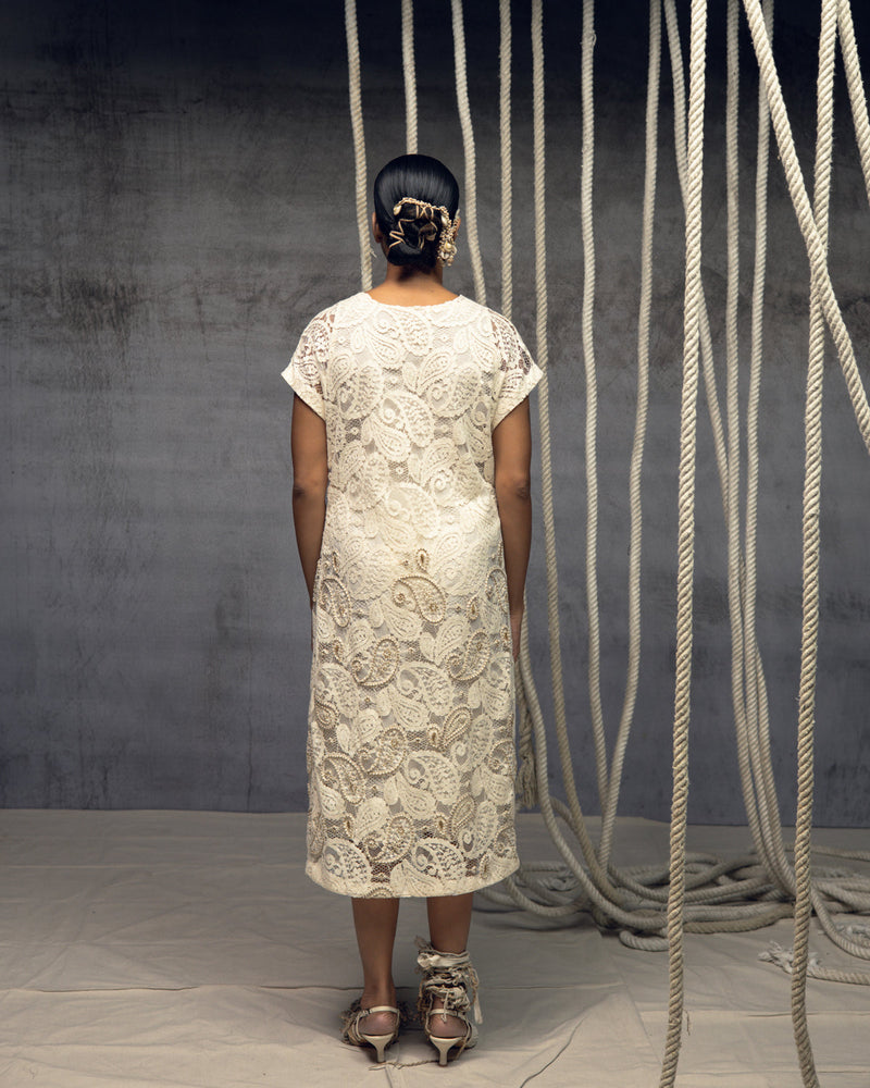 Ivory Paisley Lace Embroidered Midi indian cotton lace dress by Kritika Murarka in ivory for women in Singapore