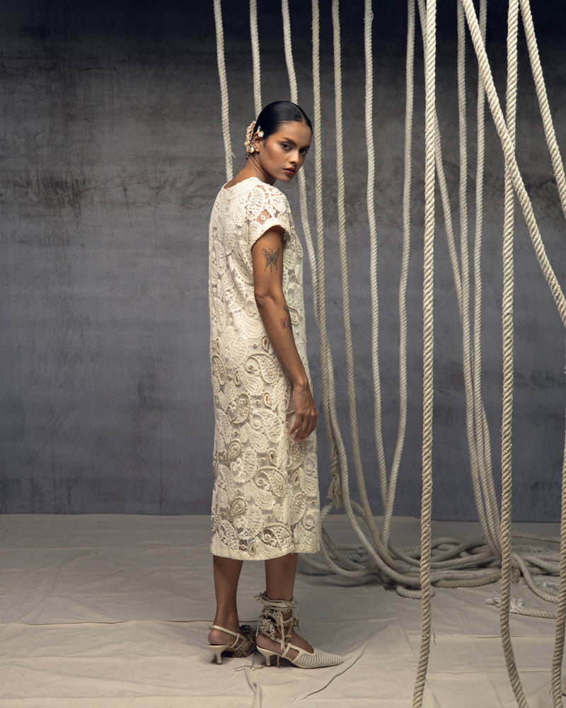 Ivory Paisley Lace Embroidered Midi indian cotton lace dress by Kritika Murarka in ivory for women in Singapore