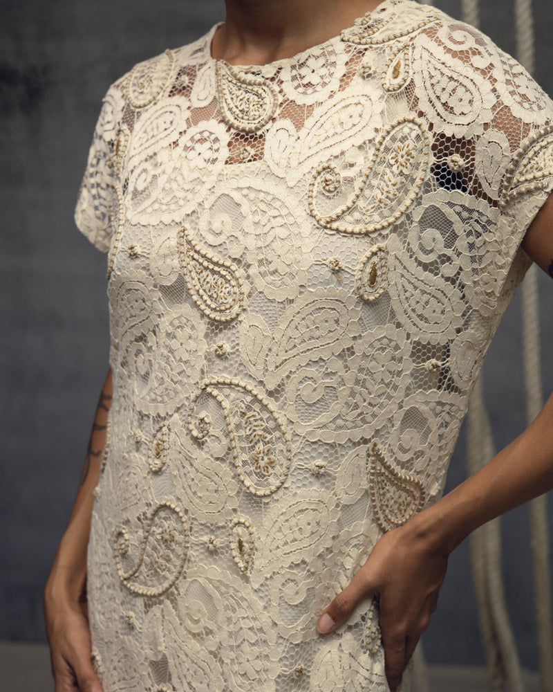 Ivory Paisley Lace Embroidered Midi indian cotton lace dress by Kritika Murarka in ivory for women in Singapore