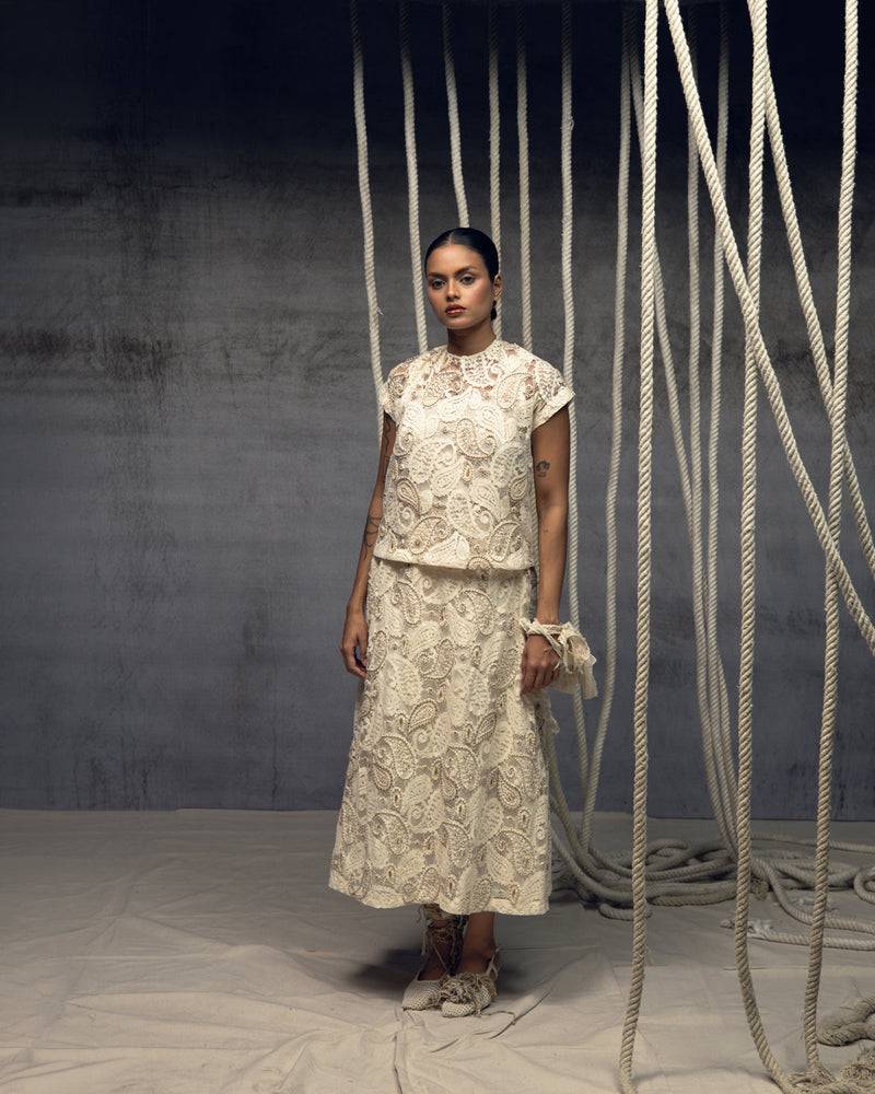 Ivory Paisley Lace Embroidered Skirt indian cotton lace skirt by Kritika Murarka in ivory for women in Singapore