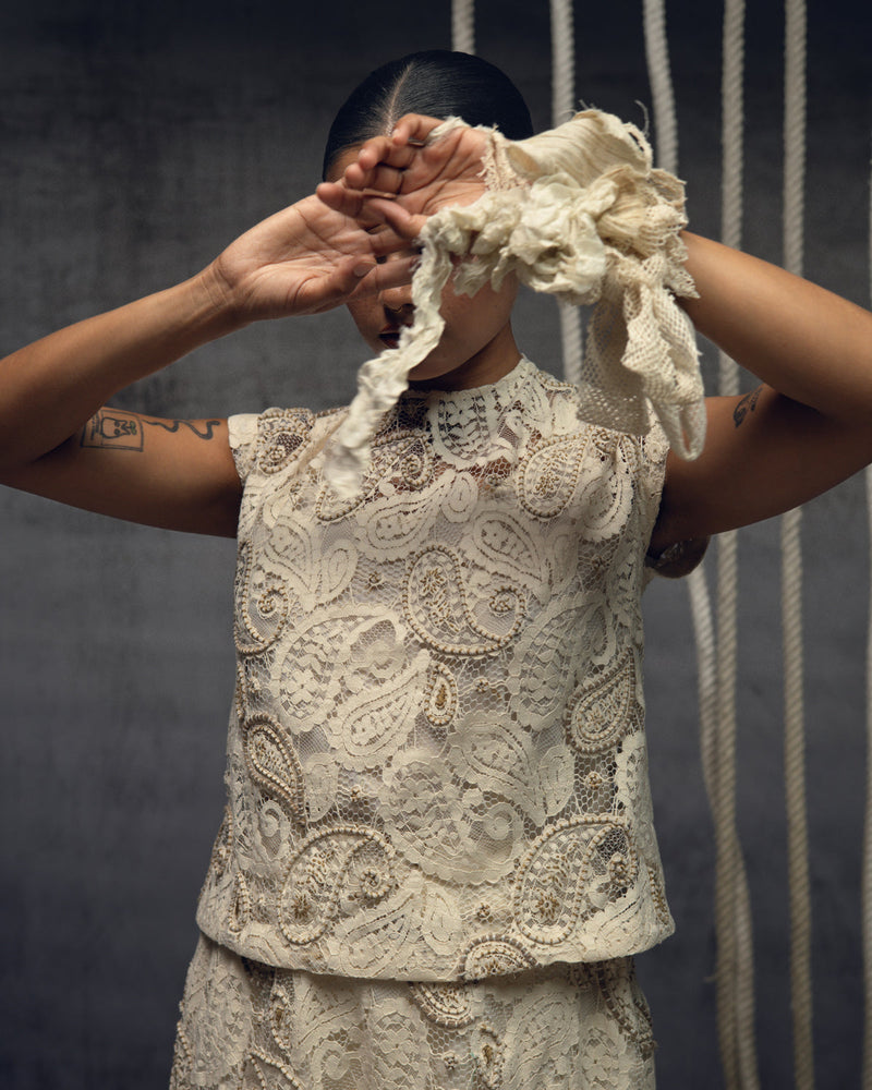 Ivory Paisley Lace Embroidered Top indian cotton lace top/shirt by Kritika Murarka in ivory for women in Singapore