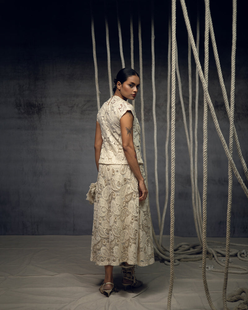 Ivory Paisley Lace Embroidered Skirt indian cotton lace skirt by Kritika Murarka in ivory for women in Singapore
