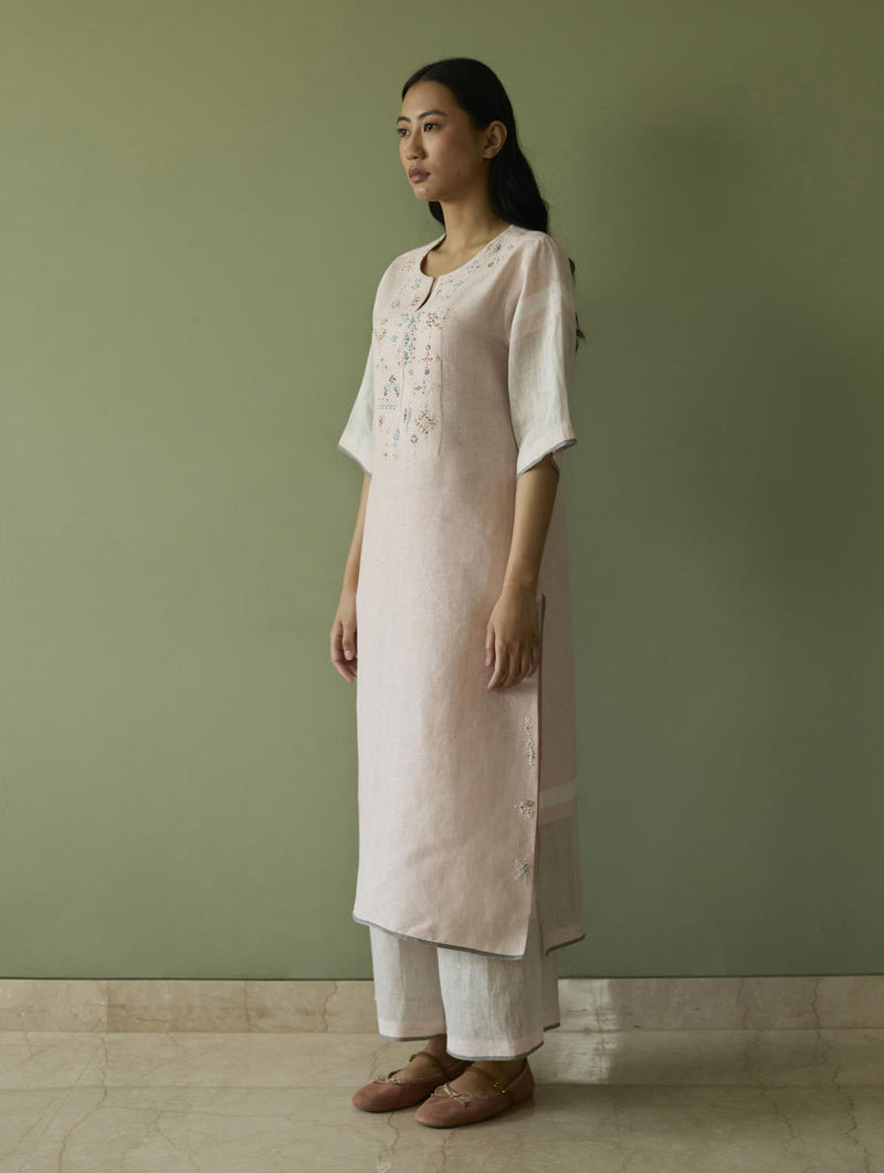 Vira Hand-Emboidered Linen Kurta-Blush linen by Manan in blush color for women in Singapore