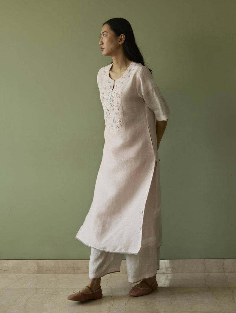 Vira Hand-Emboidered Linen Kurta-Blush linen by Manan in blush color for women in Singapore