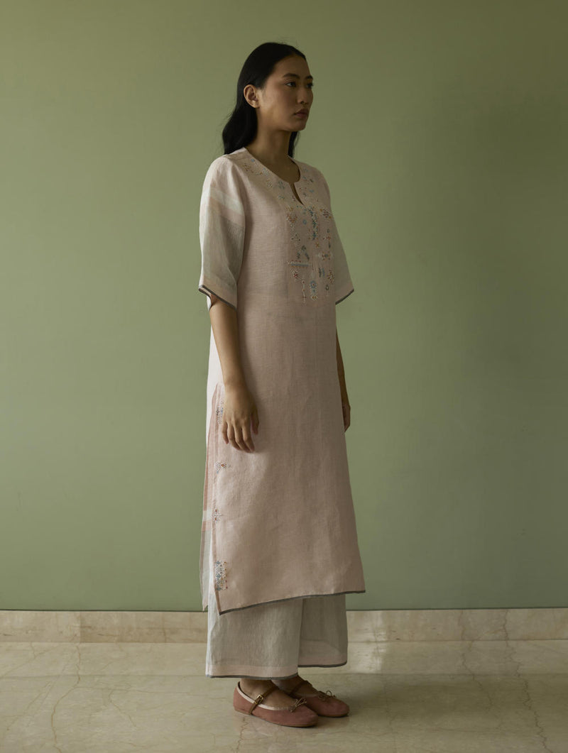Vira Hand-Emboidered Linen Kurta-Blush linen by Manan in blush color for women in Singapore