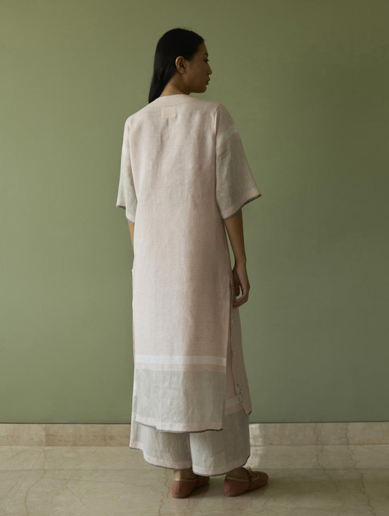 Vira Hand-Emboidered Linen Kurta-Blush linen by Manan in blush color for women in Singapore