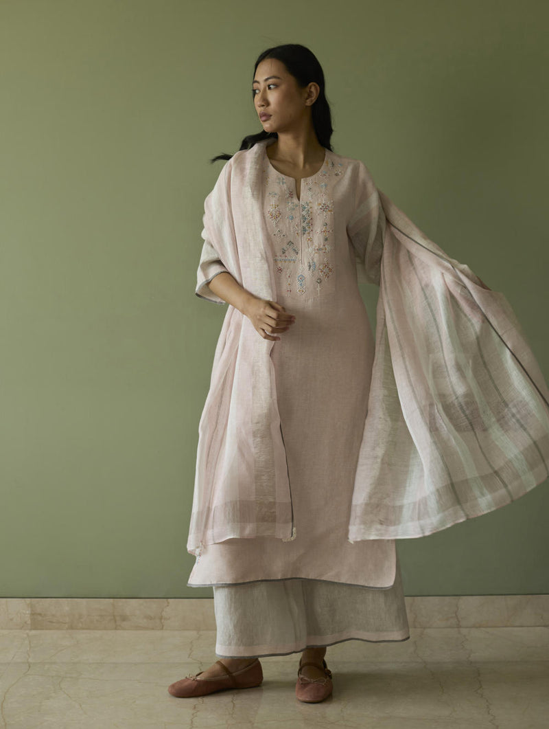 Vira Hand-Emboidered Linen Kurta-Blush linen by Manan in blush color for women in Singapore