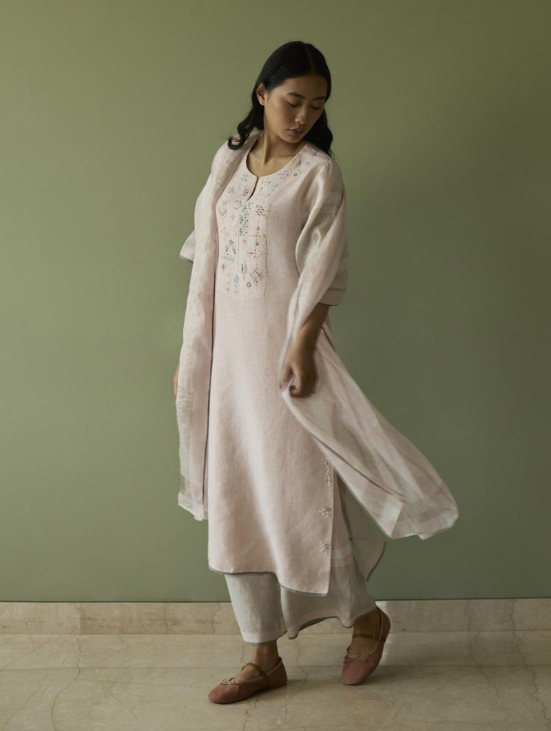 Vira Hand-Emboidered Linen Kurta-Blush linen by Manan in blush color for women in Singapore