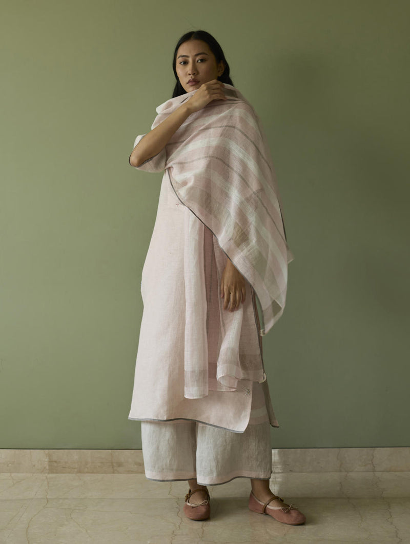 Vira Hand-Emboidered Linen Kurta-Blush linen by Manan in blush color for women in Singapore