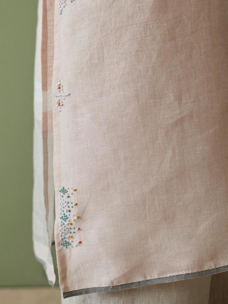 Vira Hand-Emboidered Linen Kurta-Blush linen by Manan in blush color for women in Singapore