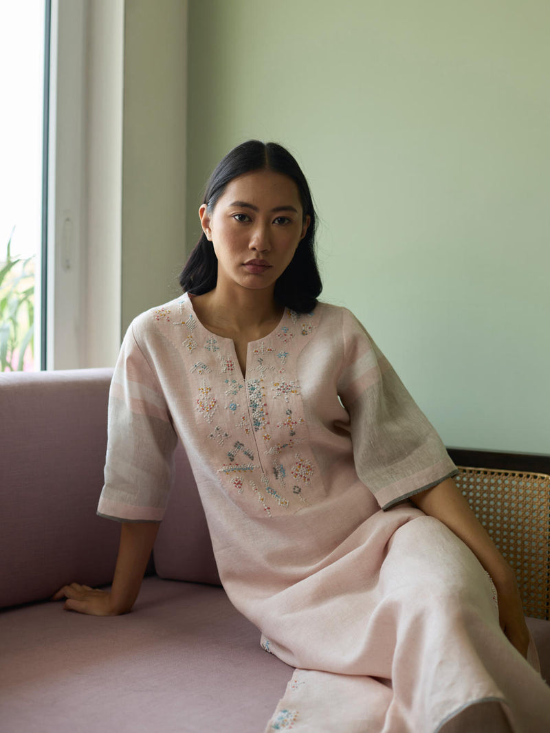 Vira Hand-Emboidered Linen Kurta-Blush linen by Manan in blush color for women in Singapore