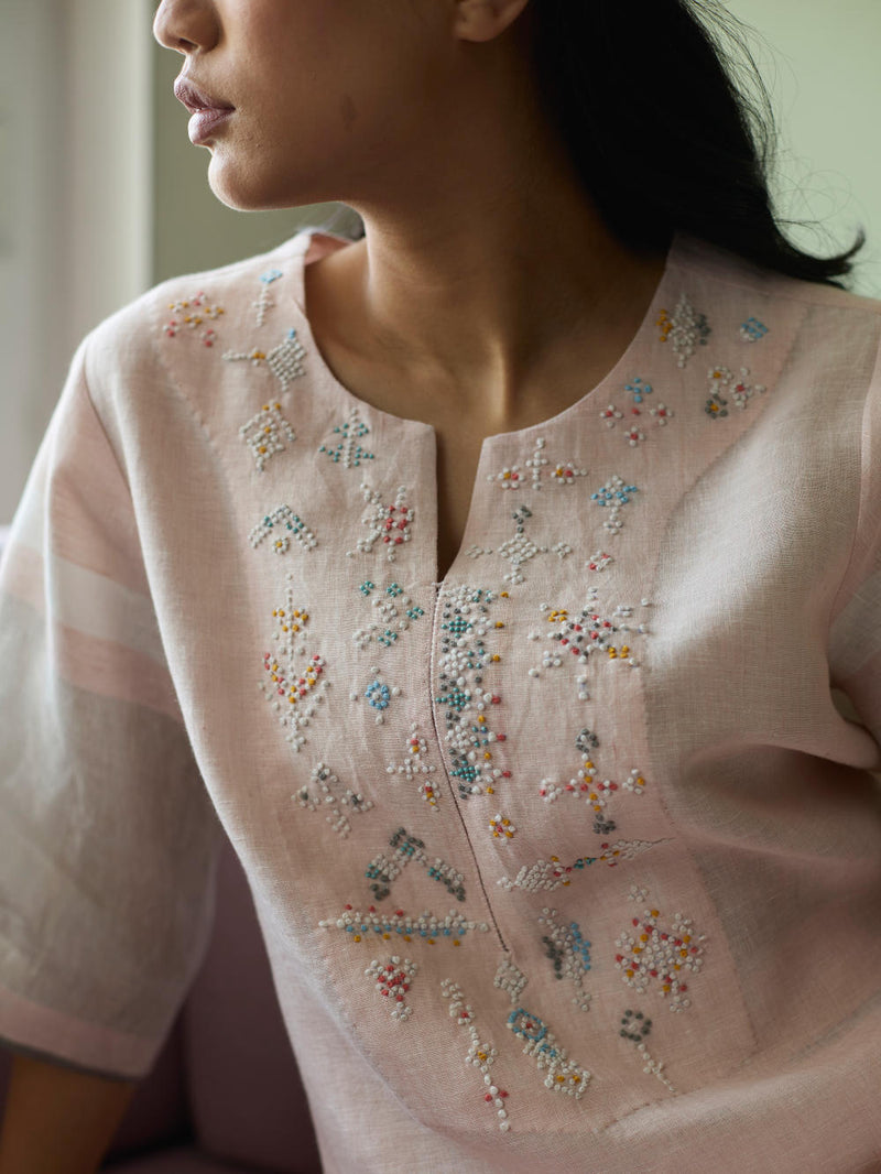 Vira Hand-Emboidered Linen Kurta-Blush linen by Manan in blush color for women in Singapore