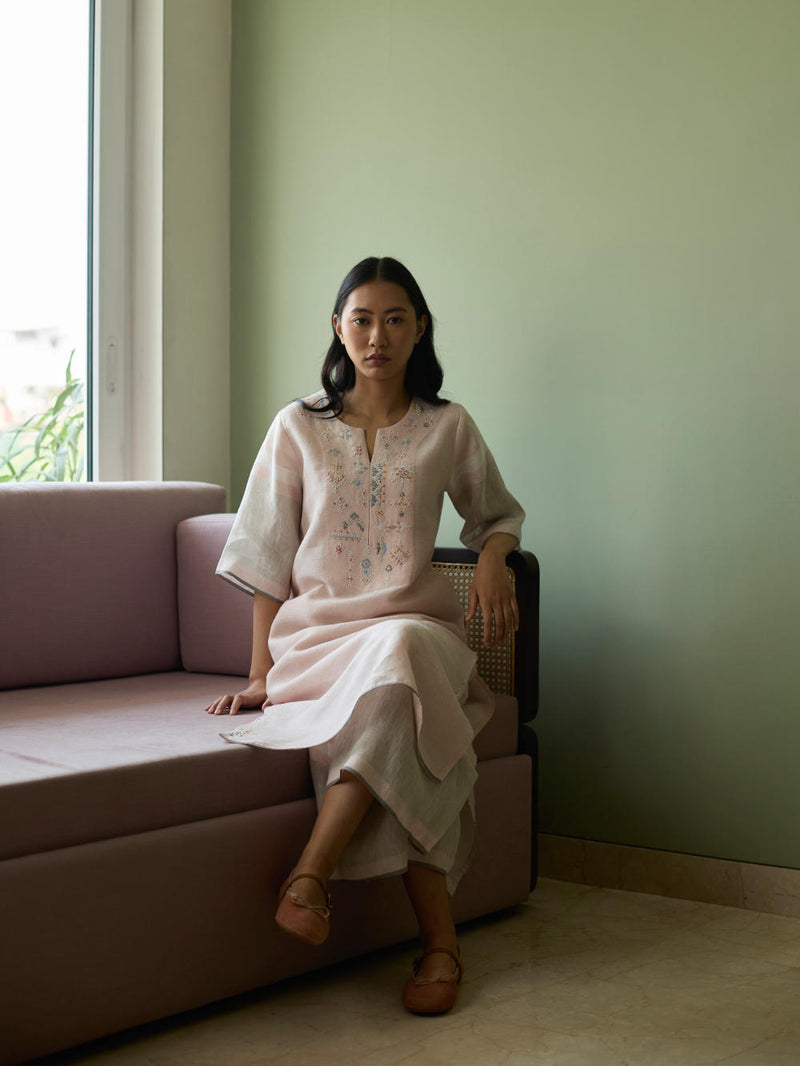 Vira Hand-Emboidered Linen Kurta-Blush linen by Manan in blush color for women in Singapore