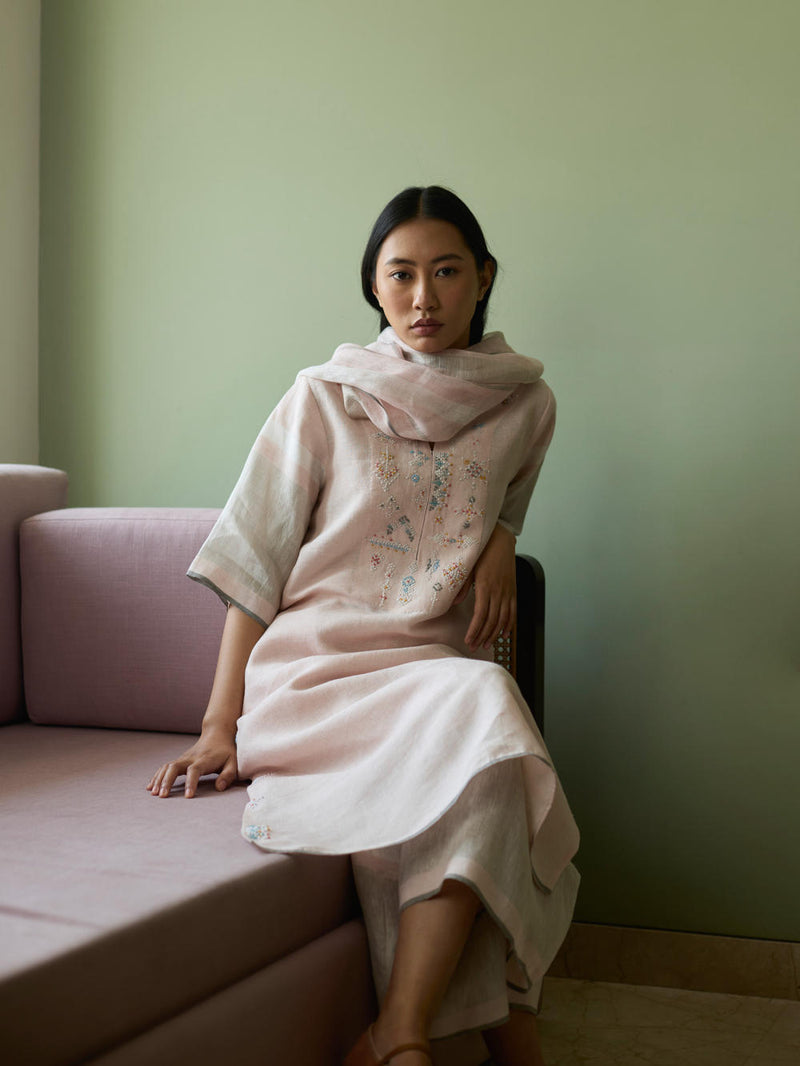 Vira Hand-Emboidered Linen Kurta-Blush linen by Manan in blush color for women in Singapore