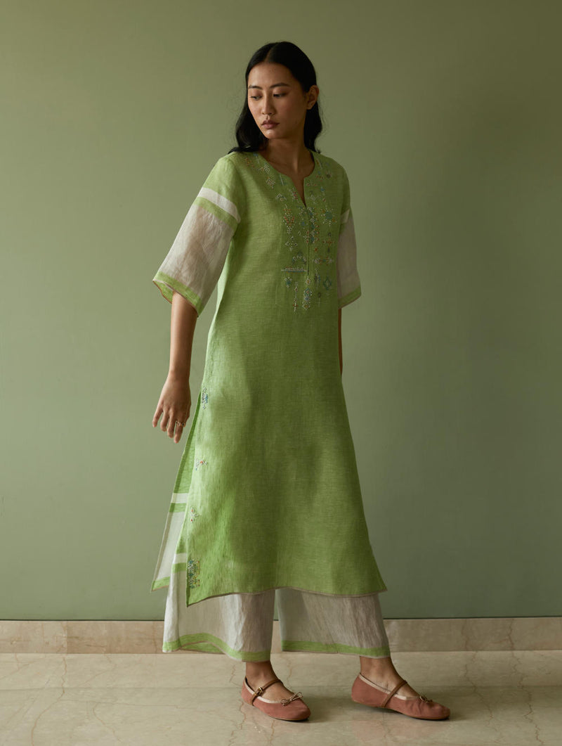 Vira Hand-Emboidered Linen Kurta-Meadow linen by Manan in green color for women in Singapore