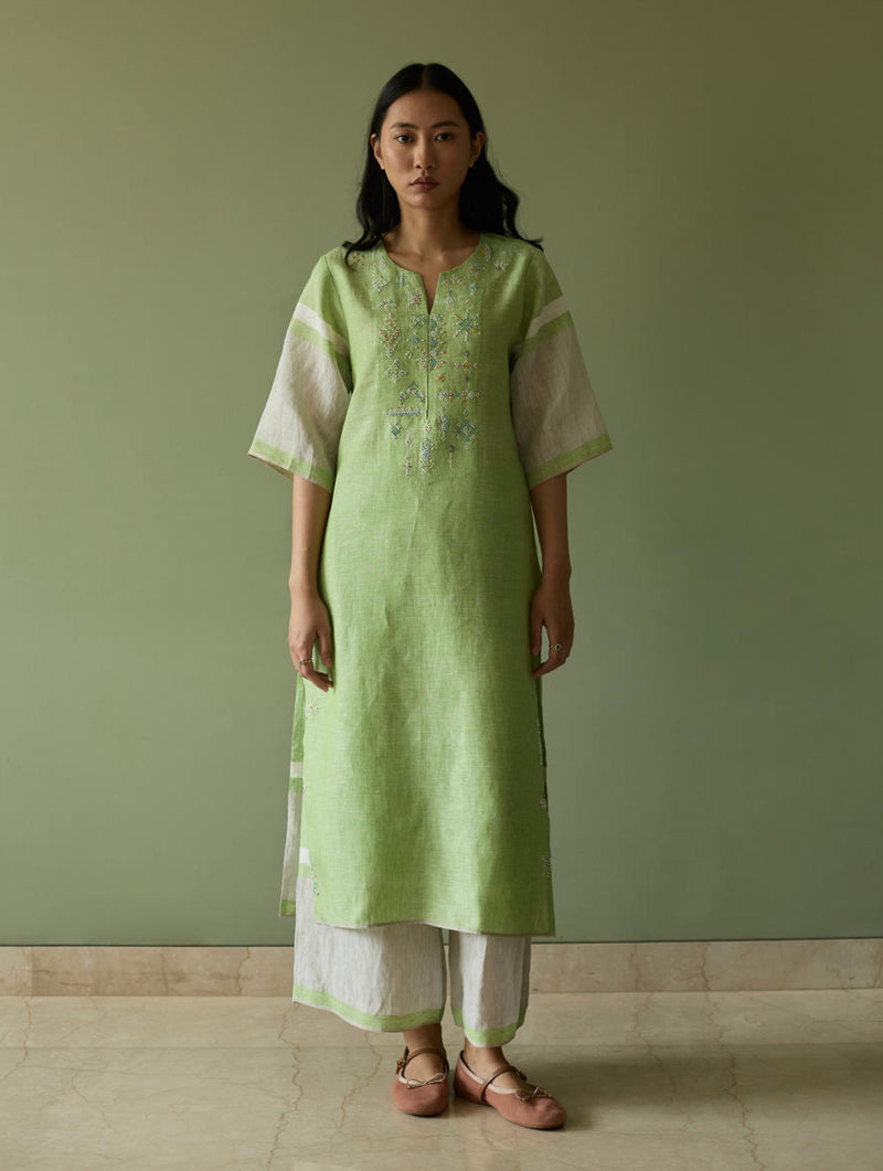 Vira Hand-Emboidered Linen Kurta-Meadow linen by Manan in green color for women in Singapore