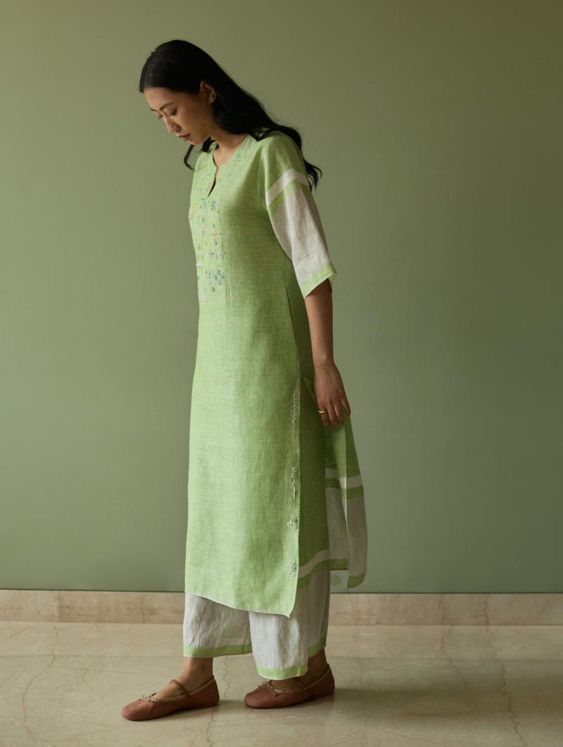 Vira Hand-Emboidered Linen Kurta-Meadow linen by Manan in green color for women in Singapore