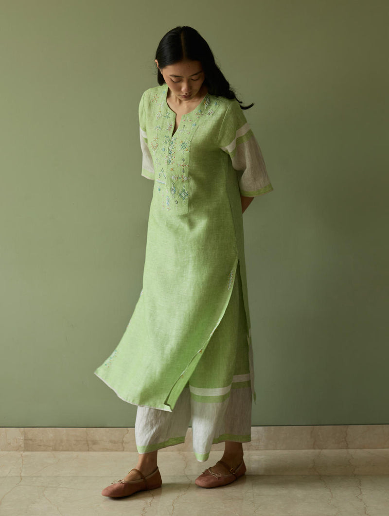 Vira Hand-Emboidered Linen Kurta-Meadow linen by Manan in green color for women in Singapore
