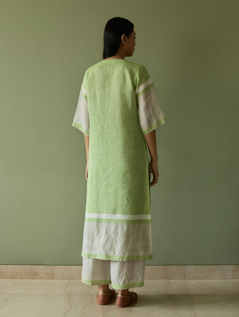 Vira Hand-Emboidered Linen Kurta-Meadow linen by Manan in green color for women in Singapore