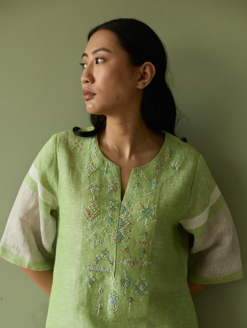 Vira Hand-Emboidered Linen Kurta-Meadow linen by Manan in green color for women in Singapore