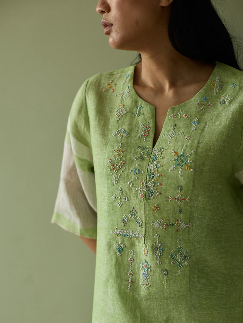 Vira Hand-Emboidered Linen Kurta-Meadow linen by Manan in green color for women in Singapore