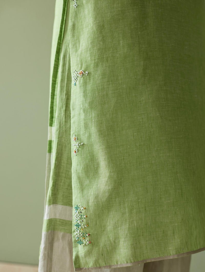 Vira Hand-Emboidered Linen Kurta-Meadow linen by Manan in green color for women in Singapore