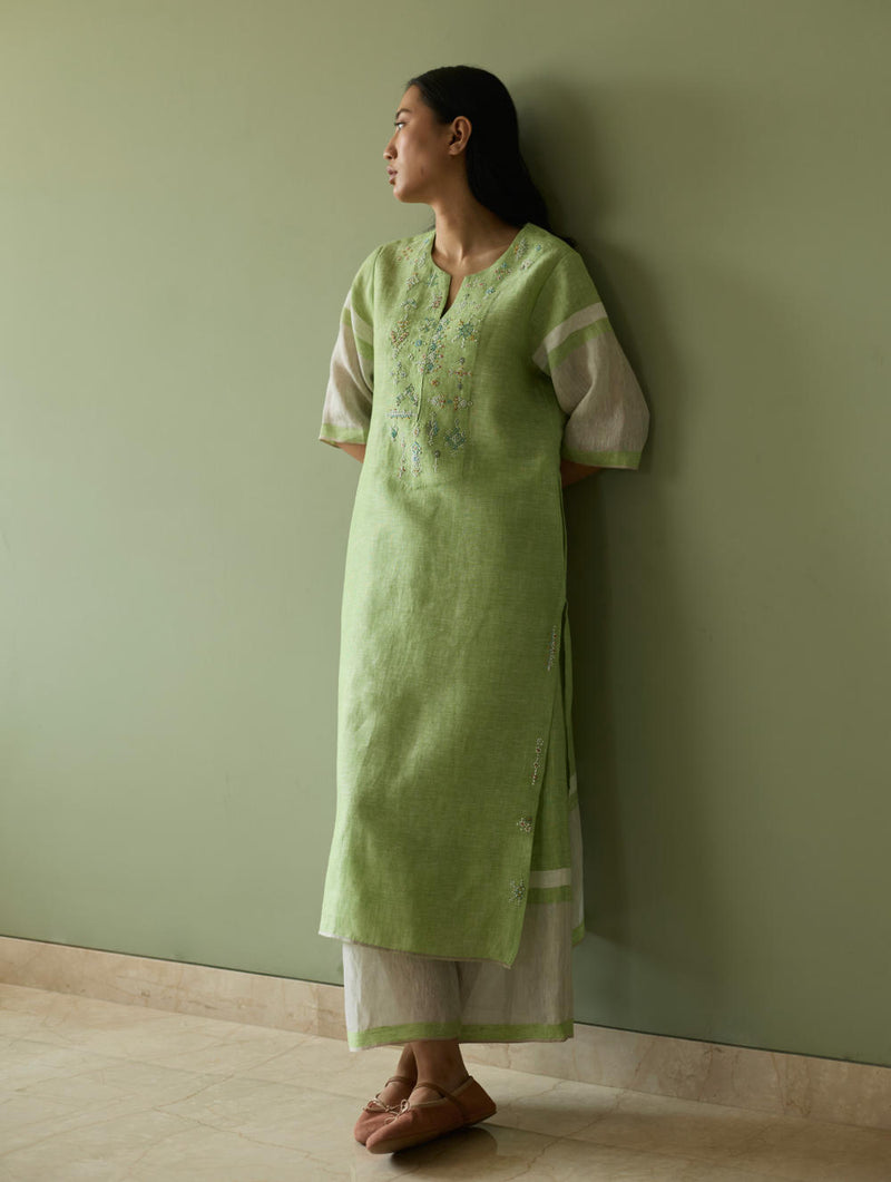 Vira Hand-Emboidered Linen Kurta-Meadow linen by Manan in green color for women in Singapore