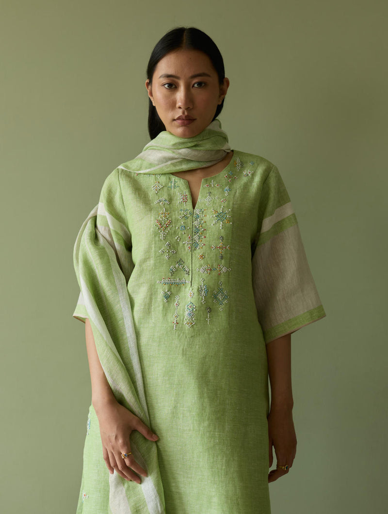 Vira Hand-Emboidered Linen Kurta-Meadow linen by Manan in green color for women in Singapore