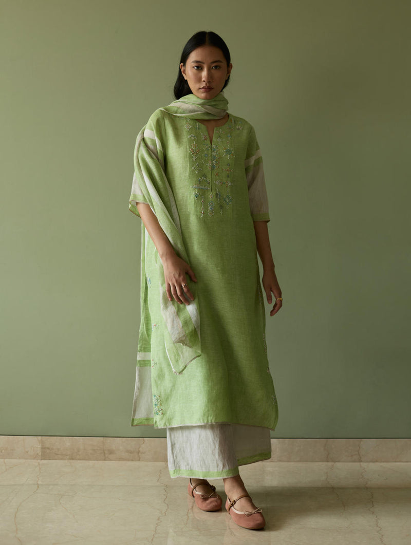 Vira Hand-Emboidered Linen Kurta-Meadow linen by Manan in green color for women in Singapore