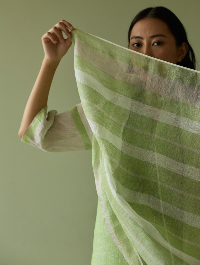 Vira Hand-Emboidered Linen Kurta-Meadow linen by Manan in green color for women in Singapore