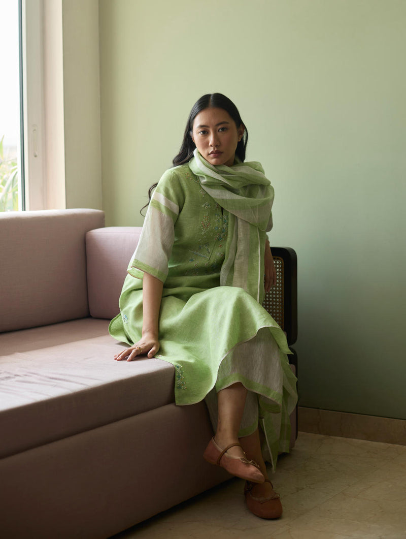 Vira Hand-Emboidered Linen Kurta-Meadow linen by Manan in green color for women in Singapore