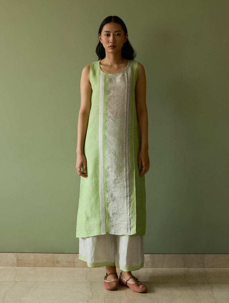 Yara Sleeveless Border Linen Kurta-Meadow linen by Manan in green color for women in Singapore