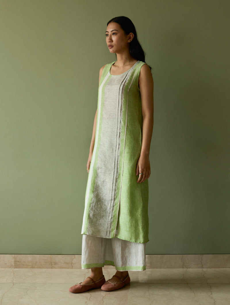 Yara Sleeveless Border Linen Kurta-Meadow linen by Manan in green color for women in Singapore