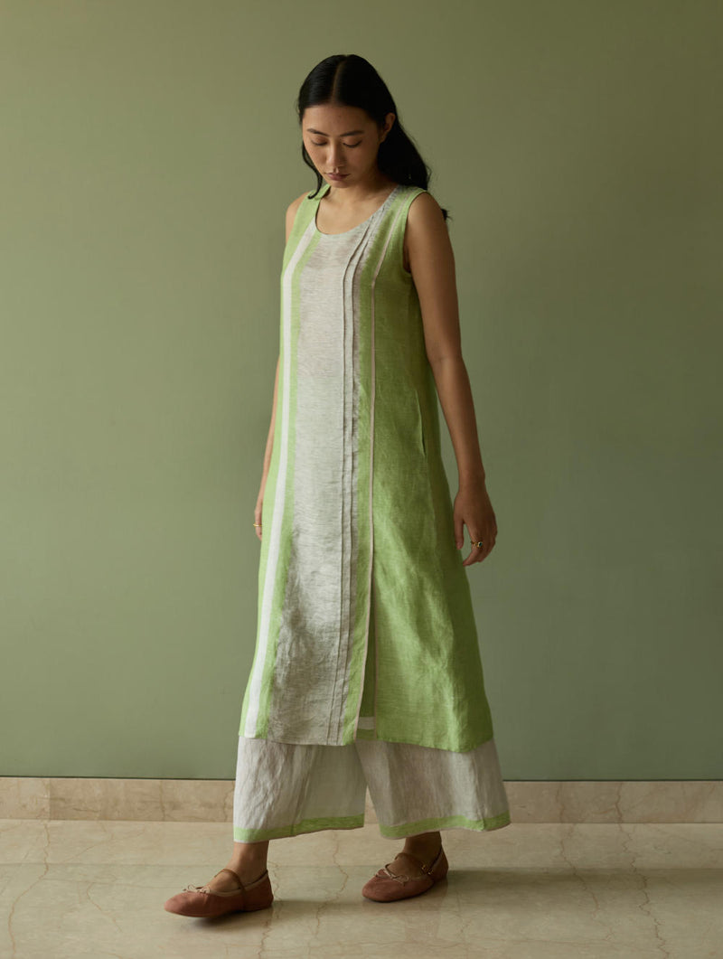 Yara Sleeveless Border Linen Kurta-Meadow linen by Manan in green color for women in Singapore