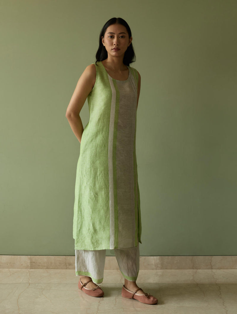 Yara Sleeveless Border Linen Kurta-Meadow linen by Manan in green color for women in Singapore