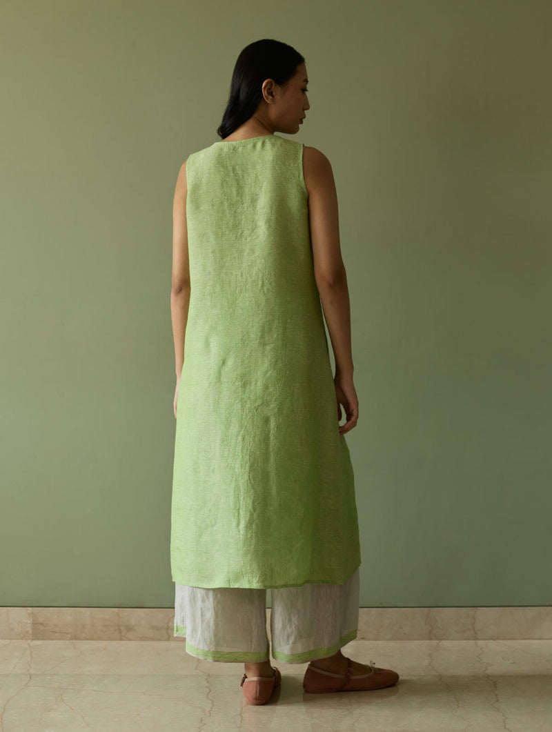 Yara Sleeveless Border Linen Kurta-Meadow linen by Manan in green color for women in Singapore