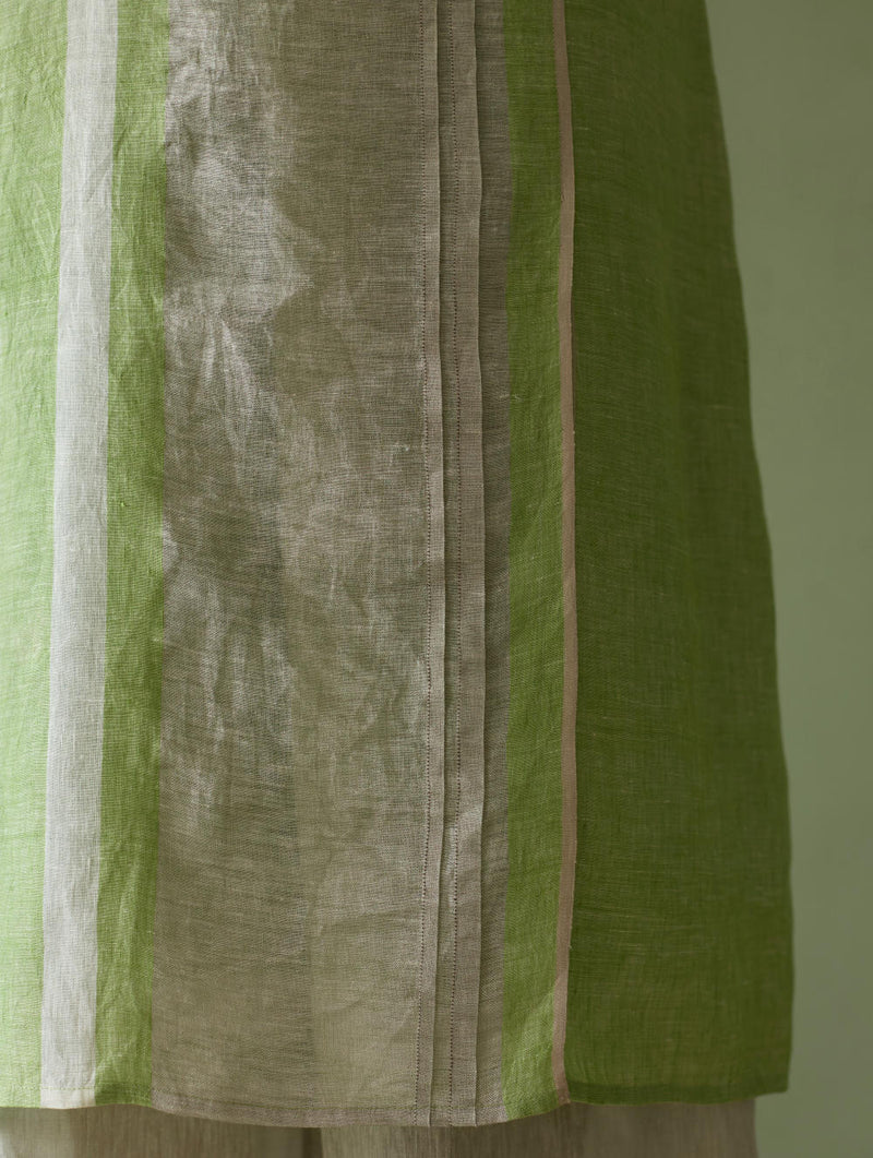 Yara Sleeveless Border Linen Kurta-Meadow linen by Manan in green color for women in Singapore