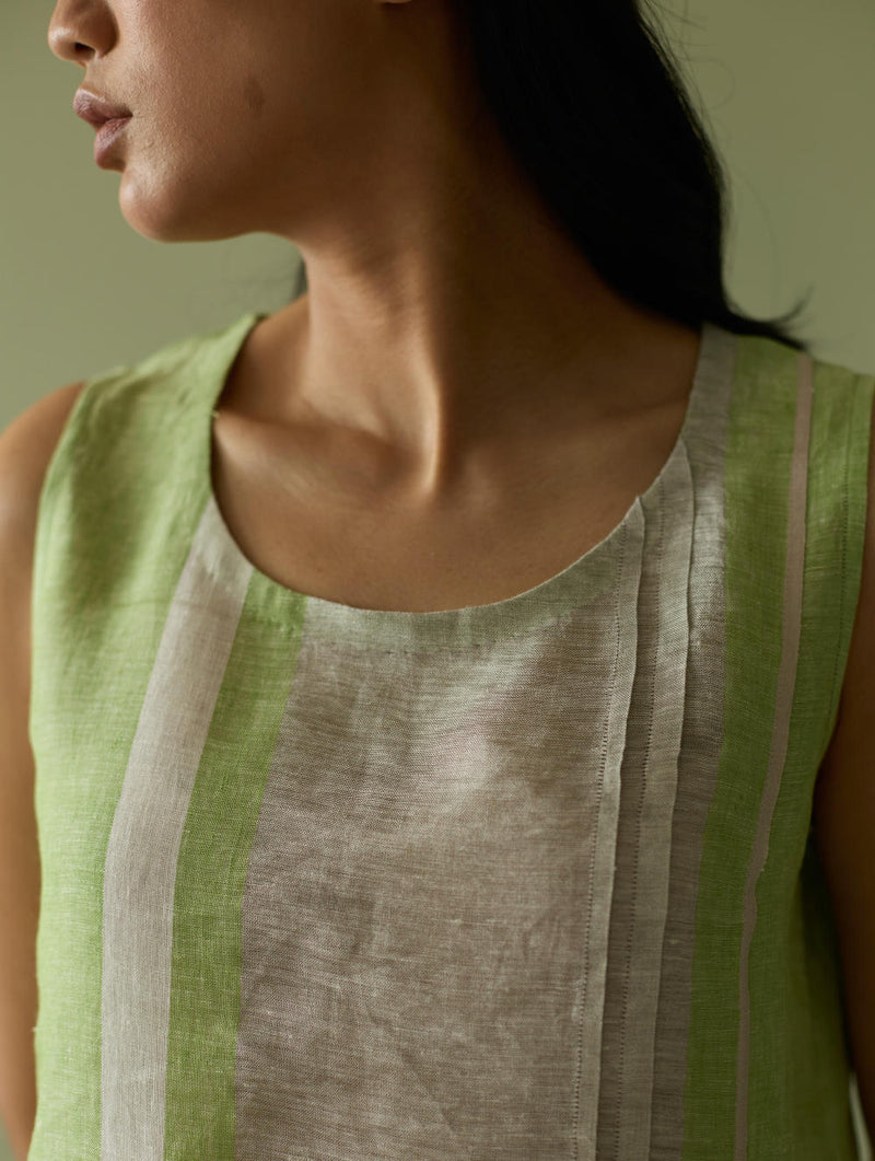 Yara Sleeveless Border Linen Kurta-Meadow linen by Manan in green color for women in Singapore
