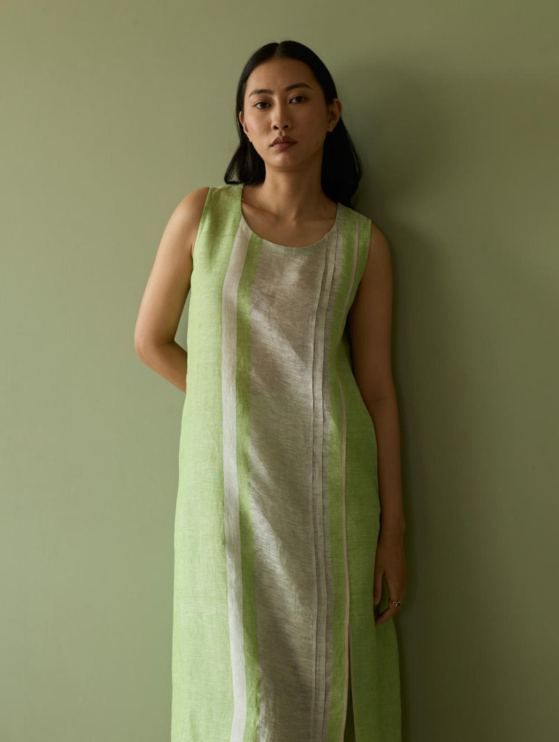 Yara Sleeveless Border Linen Kurta-Meadow linen by Manan in green color for women in Singapore