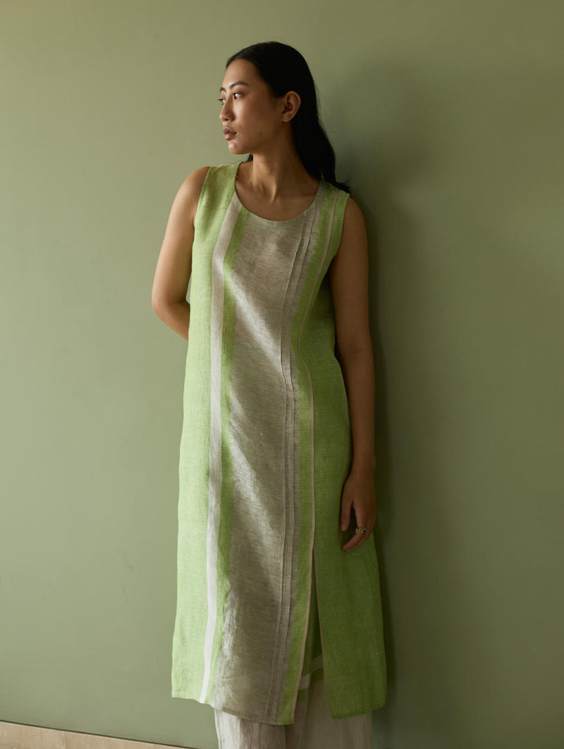 Yara Sleeveless Border Linen Kurta-Meadow linen by Manan in green color for women in Singapore